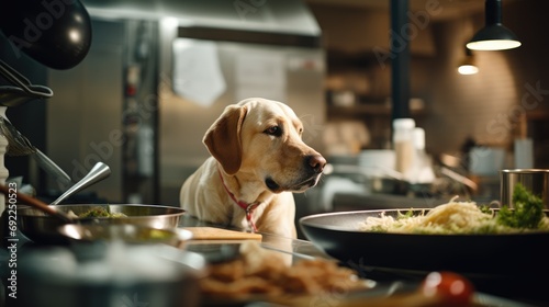 Unsafe Cooking Environment: Chef Prepares Food with a Dog Inside the Kitchen, Exemplifying a Lack of Care and Hygiene, Resulting in Unsanitary Culinary Practices.





