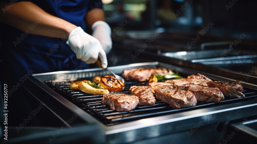 Mastery on the Grill: Chef in a Commercial Kitchen, Close-Up, Expertly Preparing Grilled Meat - A Culinary Delight of Excellence and Succulence in Grilling.




