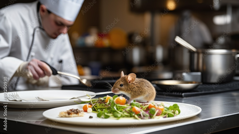 Infestation Alert: Close-Up of a Mouse in a Commercial Kitchen, Chef Preparing Service Amidst Dirty Conditions, Lack of Hygiene, and Unsanitary Kitchen Practices.
Infestation Alert: Close-Up of a Mouse in a Commercial Kitchen, Chef Preparing Service Amidst Dirty Conditions, Lack of Hygiene, and Unsanitary Kitchen Practices.
