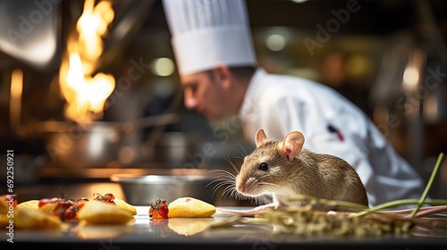 Infestation Alert: Close-Up of a Mouse in a Commercial Kitchen, Chef Preparing Service Amidst Dirty Conditions, Lack of Hygiene, and Unsanitary Kitchen Practices.

 photo