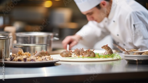 Infestation Alert: Close-Up of a Mouse in a Commercial Kitchen, Chef Preparing Service Amidst Dirty Conditions, Lack of Hygiene, and Unsanitary Kitchen Practices.