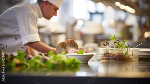 Infestation Alert: Close-Up of a Mouse in a Commercial Kitchen, Chef Preparing Service Amidst Dirty Conditions, Lack of Hygiene, and Unsanitary Kitchen Practices.

 photo