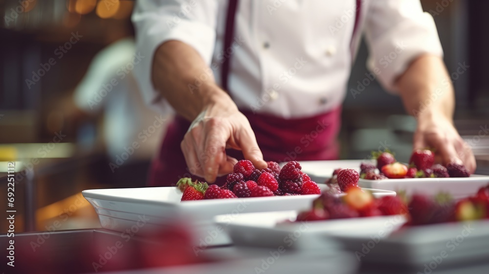Gastronomic Brilliance: Close-Up of Chef in Commercial Kitchen Preparing Red Fruits for Service, Crafting a Meal That Blends Culinary Expertise and Visual Appeal.


