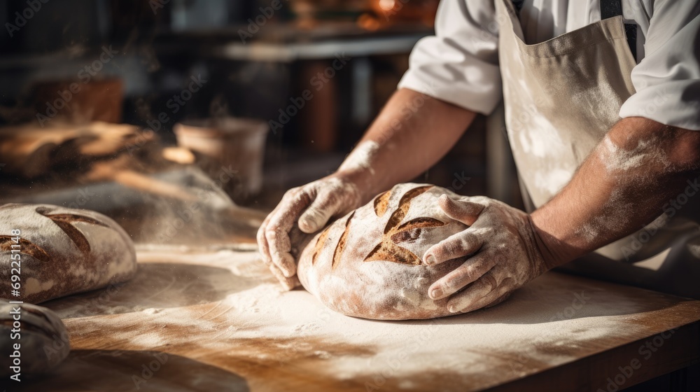 Experience the Culinary Skill of a Chef as Their Hands Shape Traditional Bread, Blending Flour, Wheat, and Rye for a Homemade, Aromatic Delight.