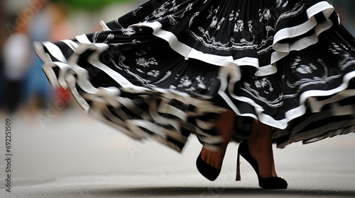 Folklore in Motion: Colombian Woman Dons Pollera Skirt, Dancing Outdoors to Celebrate Tradition and Culture with Colorful Elegance. photo
