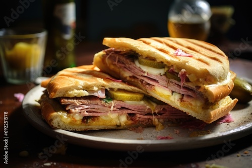 Tradition on Toast: Experience the Culinary Tradition of a Cuban Sandwich, with Layers of Smoked Pork, Pickles, Melted Cheese, and Mustard, Creating a Delightful and Flavorful Panini.