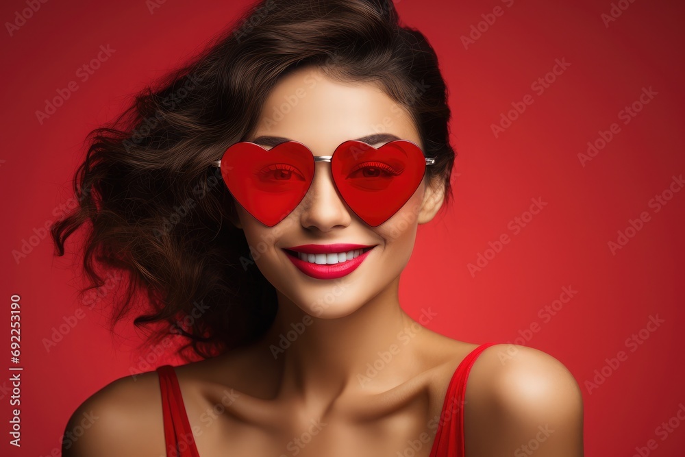 smiling female wearing red heart shaped sunglasses