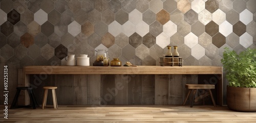 Foto Immerse yourself in the vintage charm of old brown and gray porcelain stoneware tiles, showcasing a worn and rustic geometric mosaic, perfect for a shabby chic background banner panorama