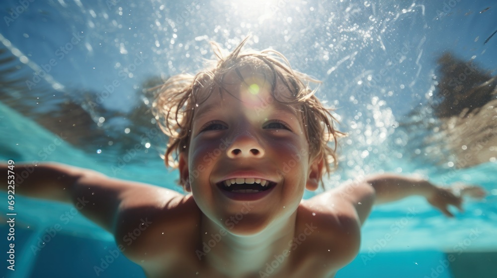 Cute smiling child having fun swimming and diving in the pool at the resort on summer vacation. Sun shines under water and sparkling water reflection. Activities and sports to happy kid