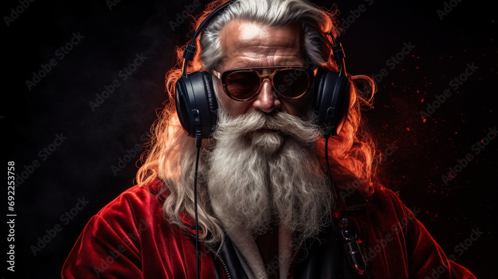 Santa Claus listening to music with headphones