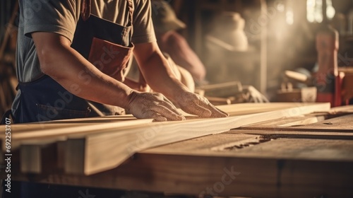 man owner a small furniture business is preparing wood for production. carpenter male is adjust wood to the desired size. architect, designer, Built-in, professional wood, craftsman, workshop. photo