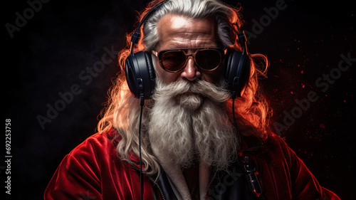 Santa Claus listening to music with headphones