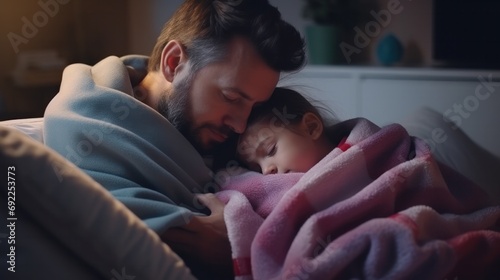 man take care of little ill daughter. Sick child lying on bed under blanket, with worried. single dad taking care of sick daughter at home. child has a high fever. covers on the couch and ill photo