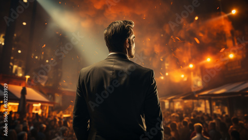 Back view of businessman looking at night city. Back view of businessman in black suit looking at night city,Generative AI