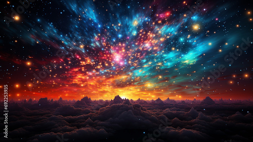 Fantasy landscape with mountains  stars and nebula in the sky Generative AI