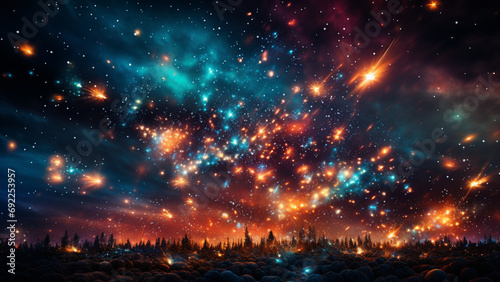 Fantasy landscape with mountains, stars and nebula in the sky,Generative AI