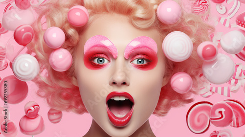 Collage photography magazine, pink, candies, studio photography, face 70’s smiley face, bubble 