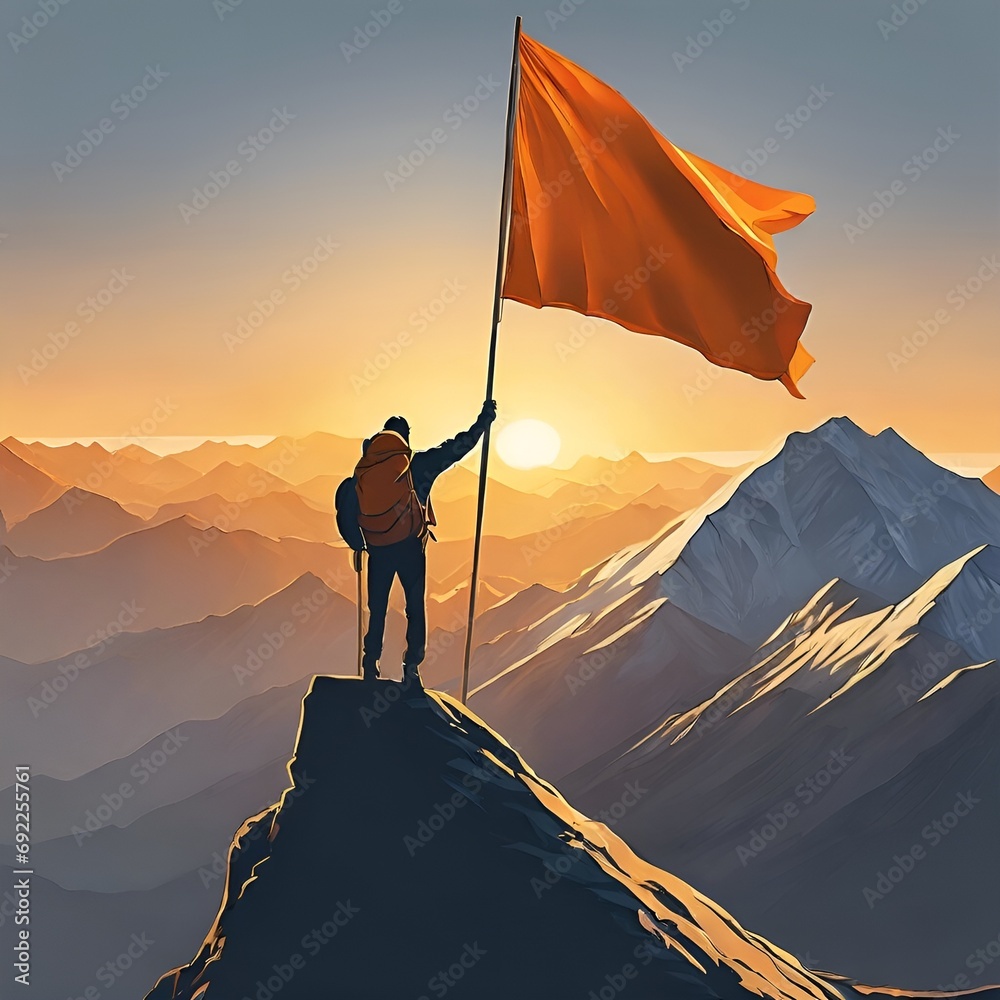 A solo hiker standing successfully on a mountain top