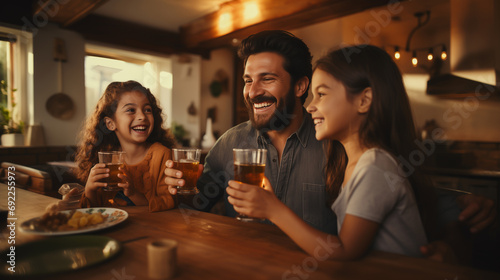 family portrait of a father and his two daughters making a toast with soft drinks
