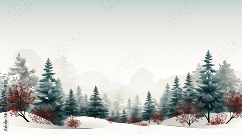 artistic winter background illustration, featuring a stylized forest scene with snow-covered trees and red foliage in shades of gray and blue, suggesting a peaceful, snowy day, event poster photo