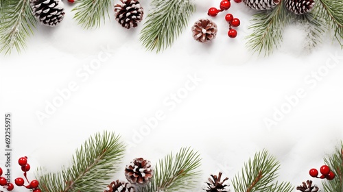 lush arrangement of green pine branches with snow-tipped pinecones and clusters of red berries, creating a vibrant contrast against the clean white snow. It's ideal for a holiday sales banner,
