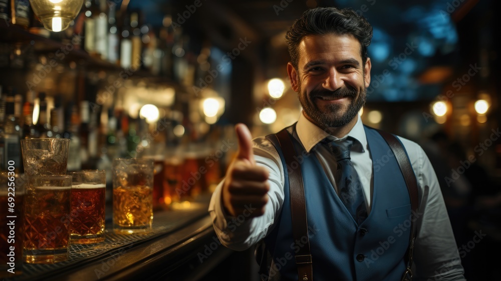 Barmen showing thumbs up in bar