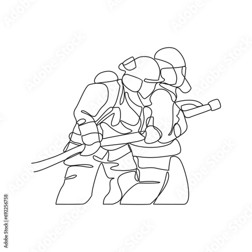 One continuous line drawing of The fire fighter brigade is on duty to put out the blazing fire vector illustration. Fire Fighting design illustration simple linear style vector concept.