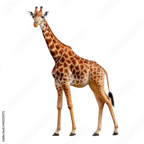 The giraffe is tall and has a long neck and a brown, speckled body. on a transparent background
