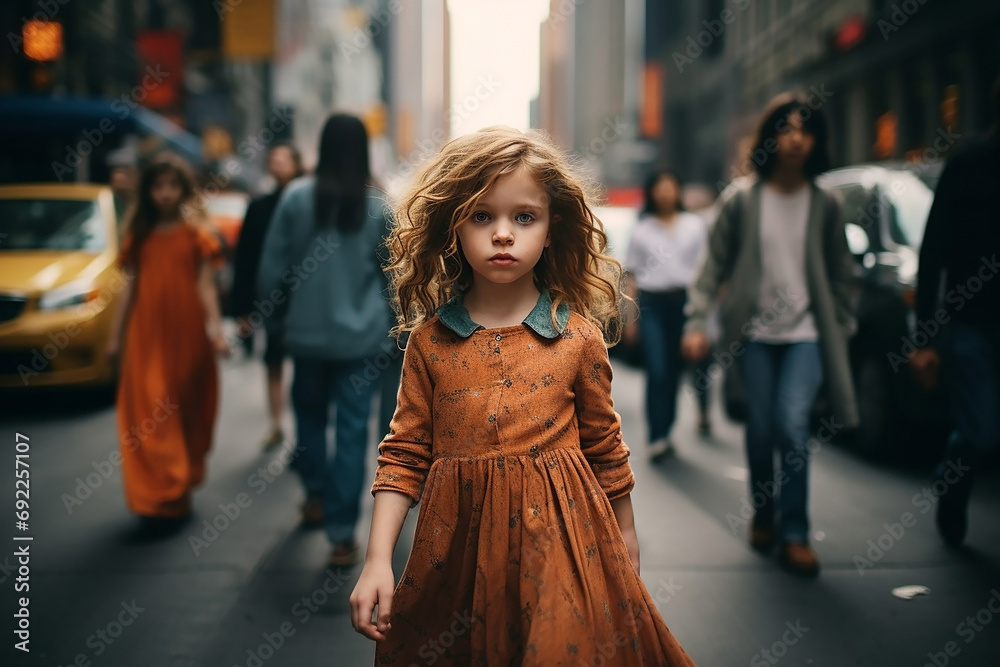 Fototapeta premium A little girl is standing in the middle of the street, people are walking around, hurrying. Nobody pays attention. Big skyscrapers. generative ai