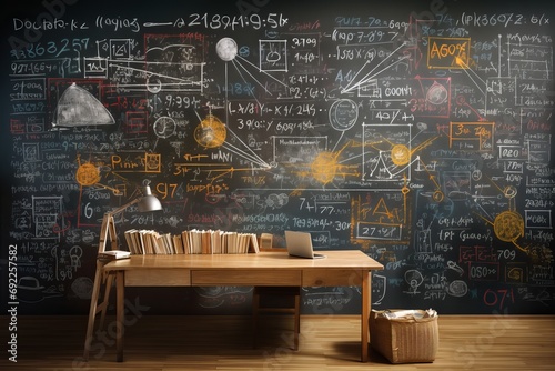 Photo of a classroom whiteboard filled with equations. Generative AI photo
