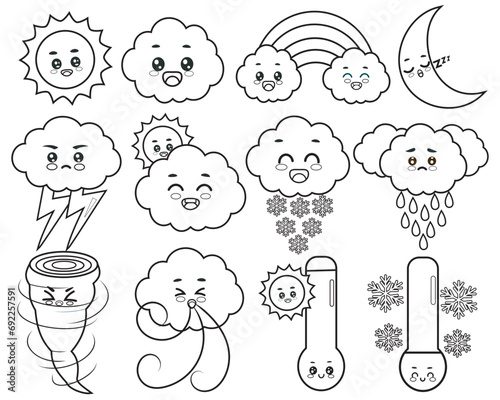 Set of cute weather characters in black and white
