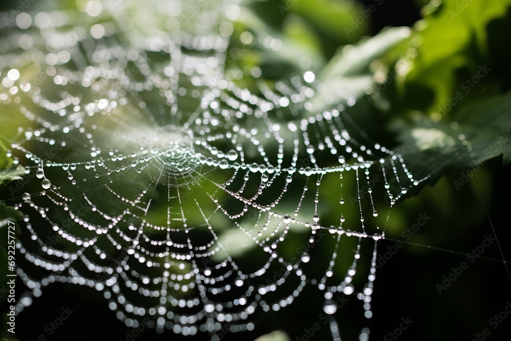 Photo of a close-up shot of a dew-covered spider web in a garden. Generative AI