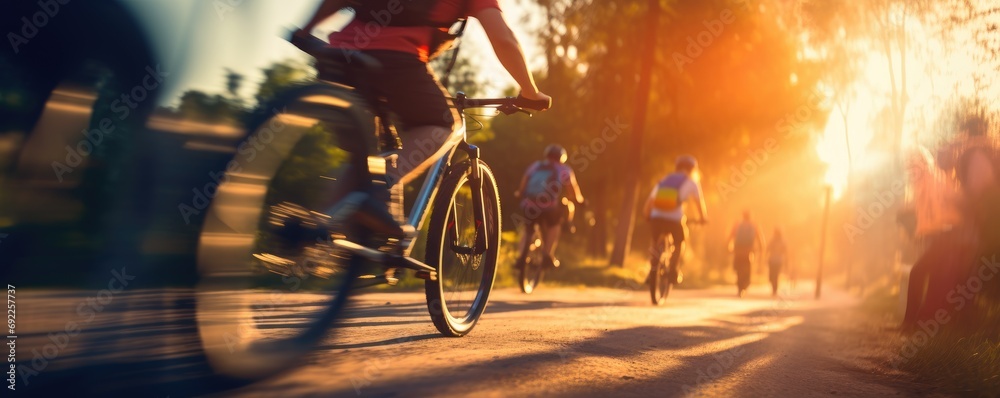 Fototapeta premium Cyclists riding bikes on a trail outdoors at golden hour