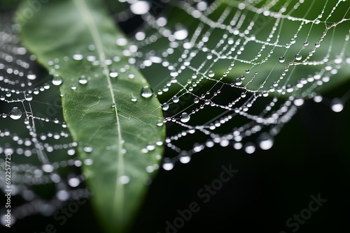Photo of a close-up shot of a dew-covered spider web in a garden. Generative AI © Aditya