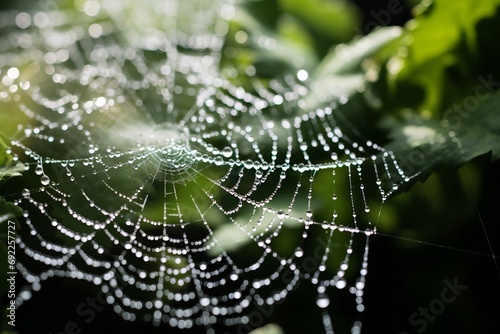 Photo of a close-up shot of a dew-covered spider web in a garden. Generative AI