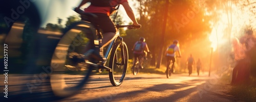Cyclists riding a bike on a trail outdoors at golden hour
