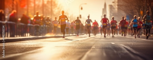 Group of people running a marathon at golden hour, defocused