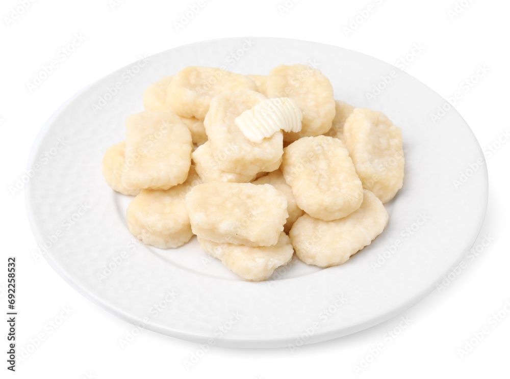 Plate of tasty lazy dumplings with butter isolated on white