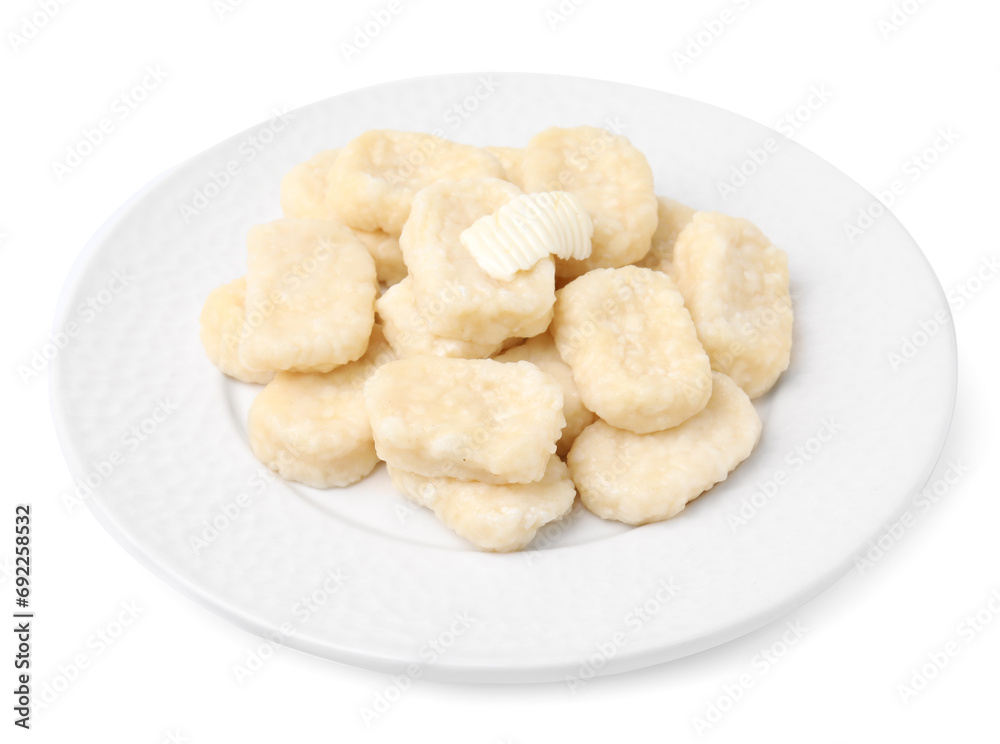 Plate of tasty lazy dumplings with butter isolated on white Plate of tasty lazy dumplings with butter isolated on white