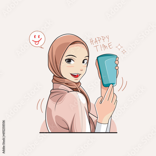 Happy time. Spoiled young lady in hijab showing me a cold drink. Vector illustration