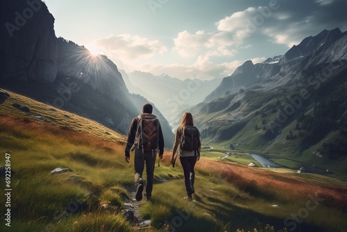Photo of a young couple hiking in a breathtaking mountain landscape. Generative AI