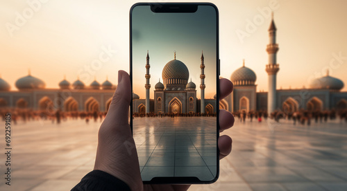 Someone capturing an image of a mosque on their mobile phone. Ideal for illustrating modern technology and travel, or promoting tourism and cultural diversity in Islamic countries.