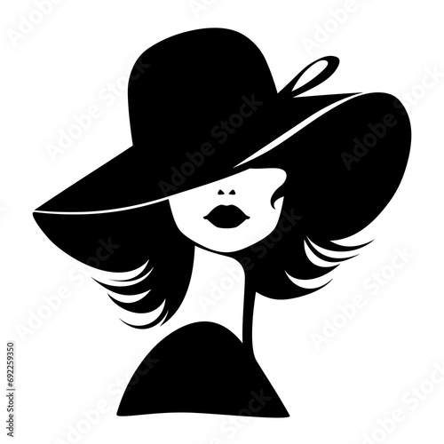  Portret pięknej kobiety w eleganckim kapeluszu z szerokim rondem. Młoda dziewczyna narysowana w minimalistycznym stylu. Ilustracja wektorowa High Fashion.