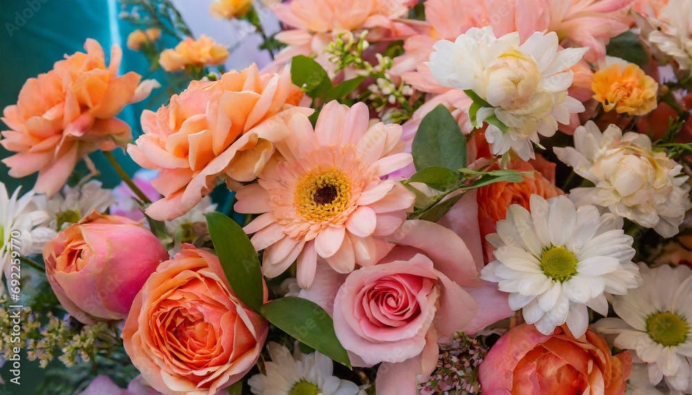 Floral composition in Peach Fuzz color, background with selective focus and copy space