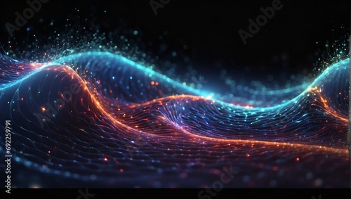 Abstract background with glowing lines. Wave. Particles