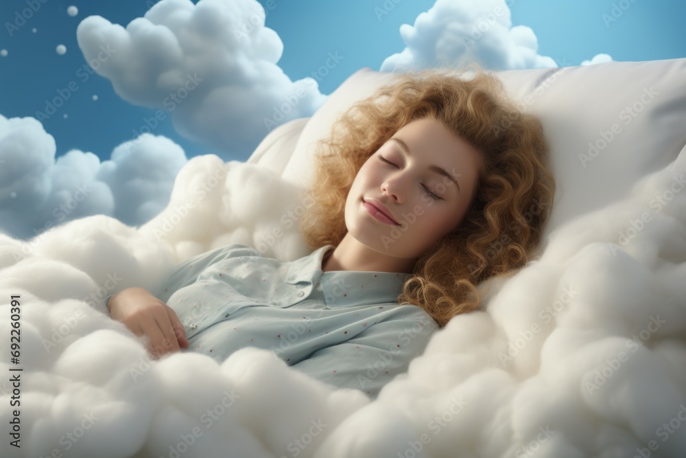 Cute young beautiful woman sleeping on a cloud. Portrait with selective focus and copy space for text