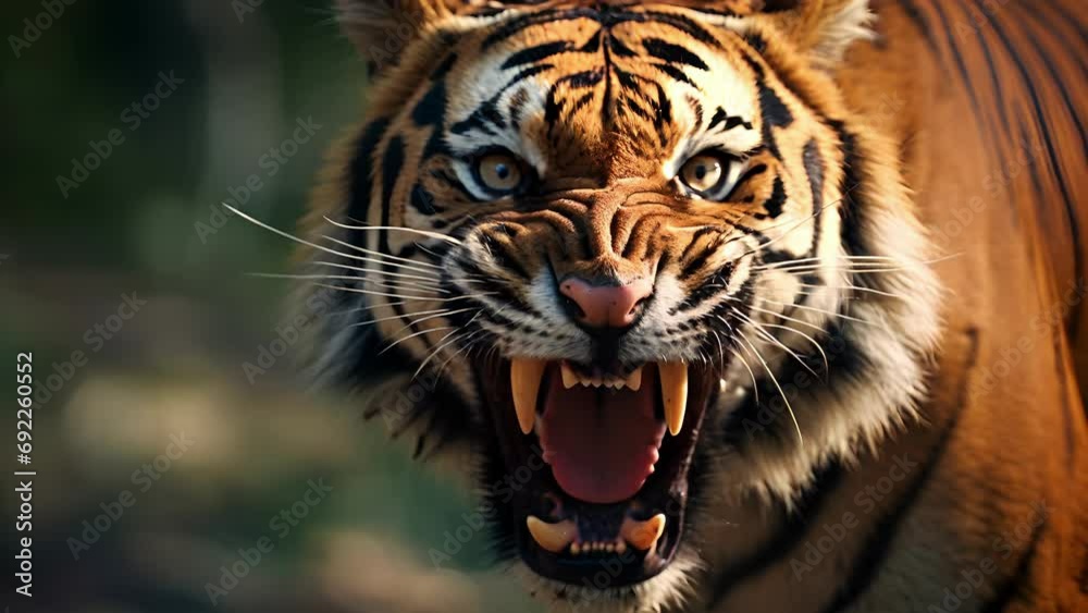 Closeup of the ferocious gaze of a tiger, its flared nostrils and snarling expression displaying its primal instincts.