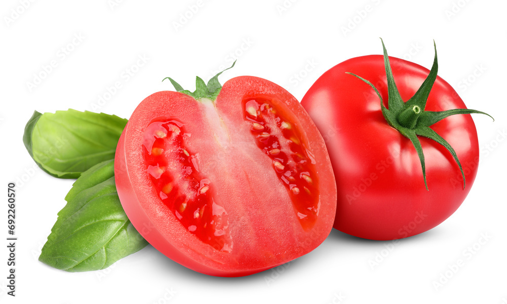 Fresh tomatoes and basil leaves isolated on white