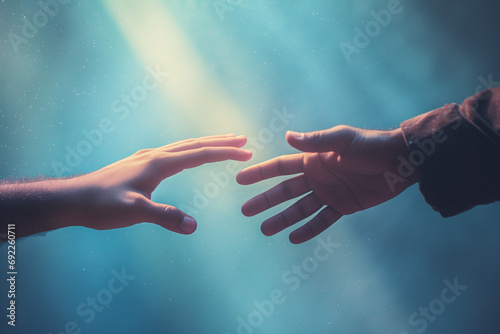 Two hands reaching out to each other with abstract blue background   photo