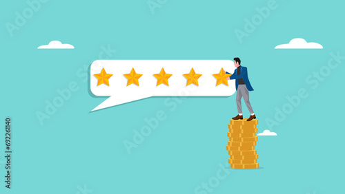 five star rating illustration with concept of businessman puts a star to give five star rating, business people placing 5 stars rating flat with flat style, client holding review stars concept